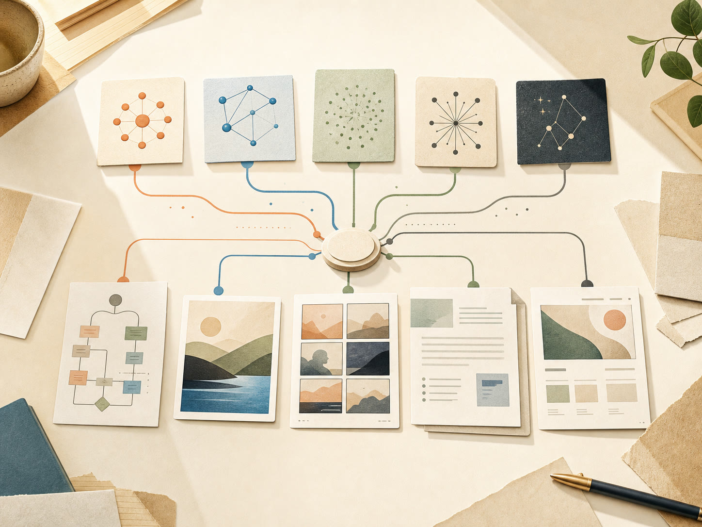 Abstract model routing cards feeding diagram, image, video, document, and page work