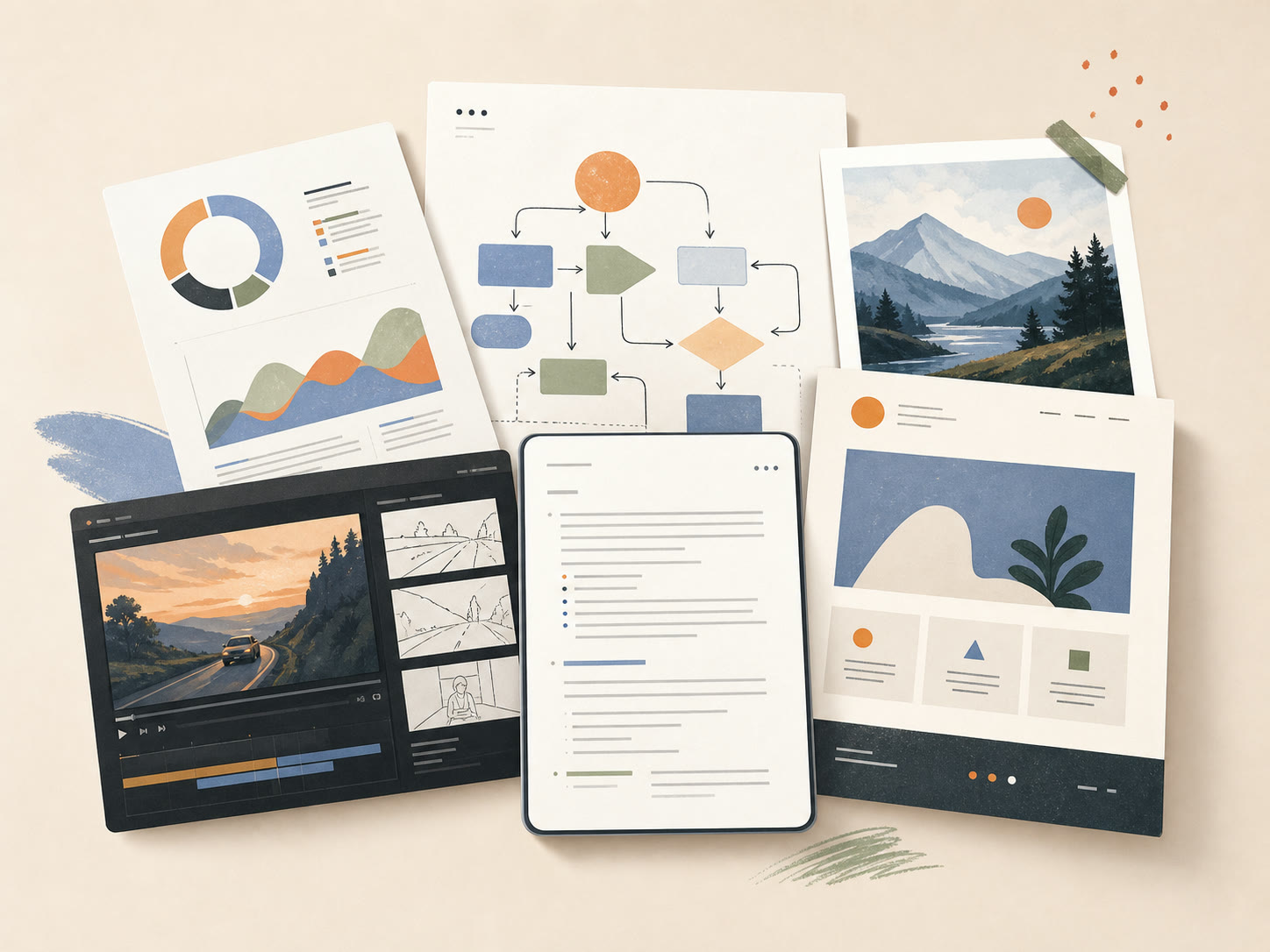 Generated diagrams, infographics, images, video boards, docs, and page designs